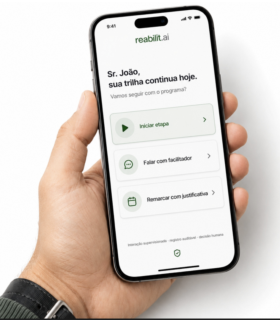 Mão segurando celular com a interface institucional do reabilit.ai, indicando acompanhamento contínuo do programa.