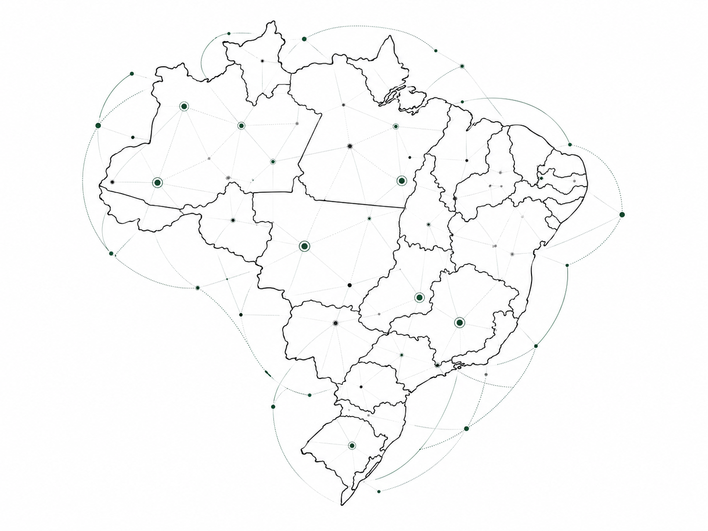Mapa do Brasil em traço fino com conexões territoriais, representando a urgência diária da proteção de mulheres em situação de violência.